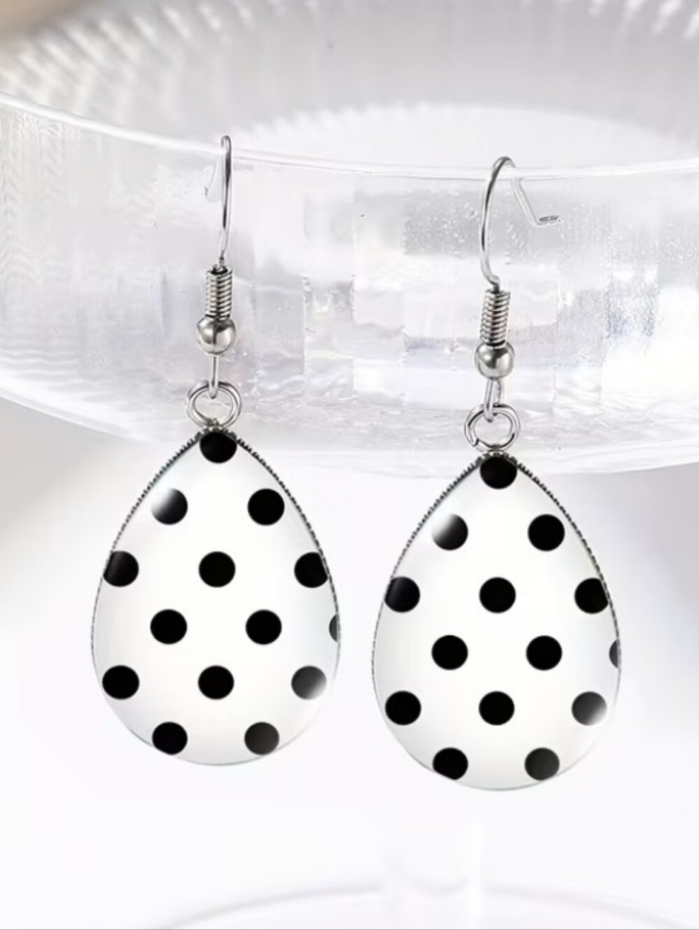 Polka Dot Teardrop Dangle Earrings - Black and White